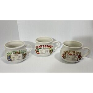 Vintage Ceramic Soup Mugs Set of 3 Onion Tomato Mushroom Recipe Kitchen Decor
